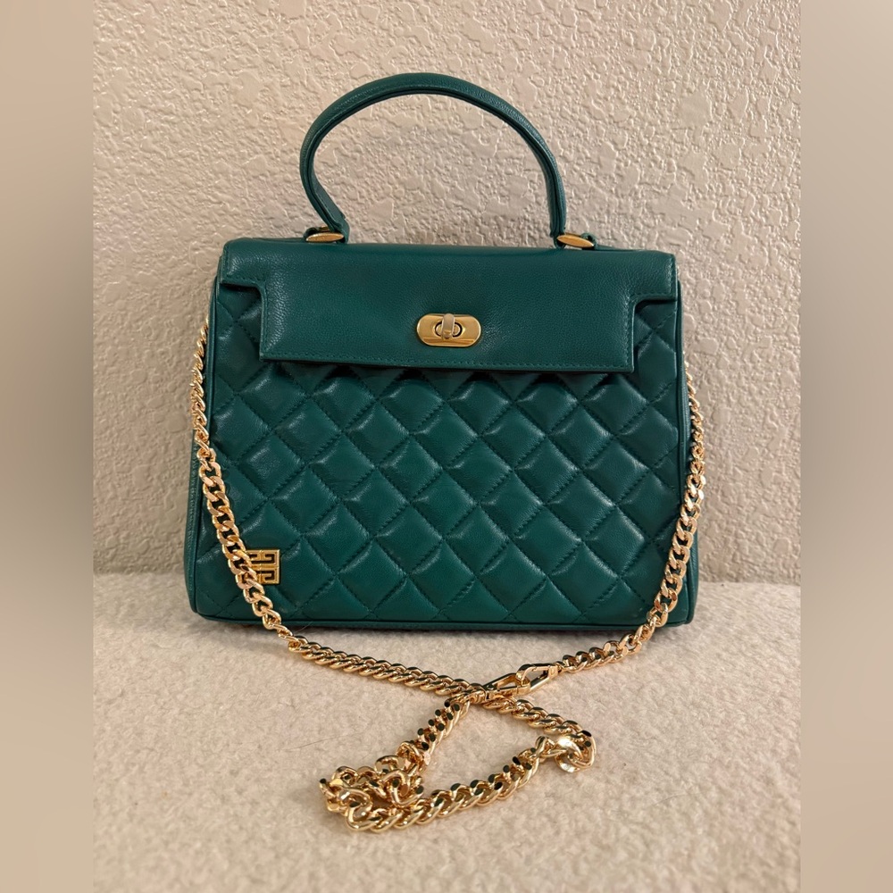Givenchy Vintage Quilted Green Top-Handle Satchel with Gold Hardware - Picture 15 of 16